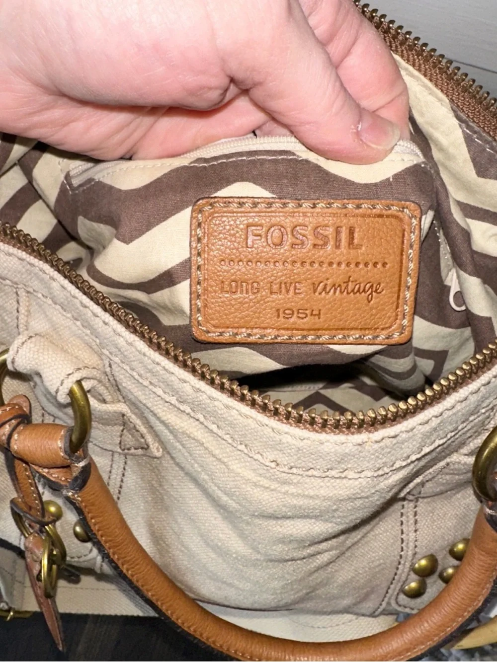 Fossil Maddox satchel handbag in beige canvas with tan leather handles, Key Fob